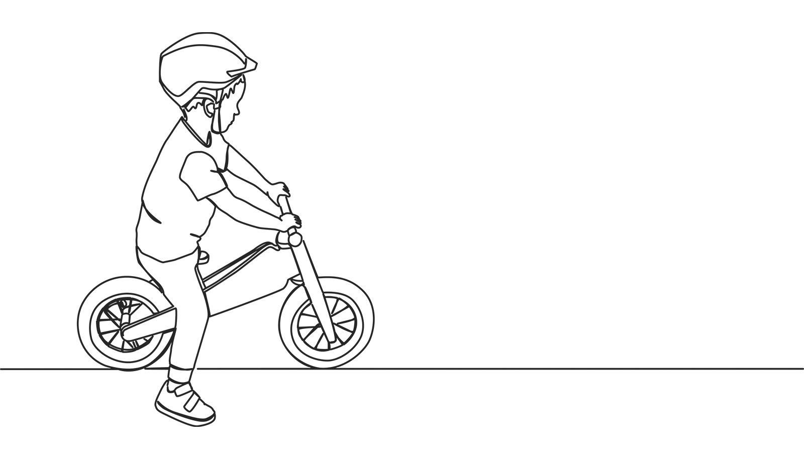 Very simple line drawing of a kid on a balance bike.