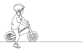 Very simple line drawing of a kid on a balance bike.