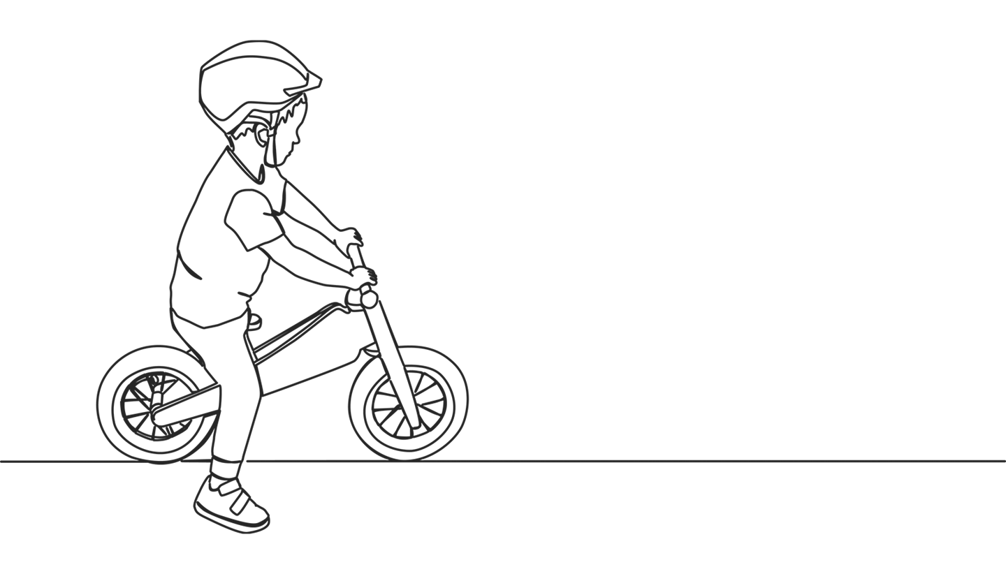 Very simple line drawing of a kid on a balance bike.