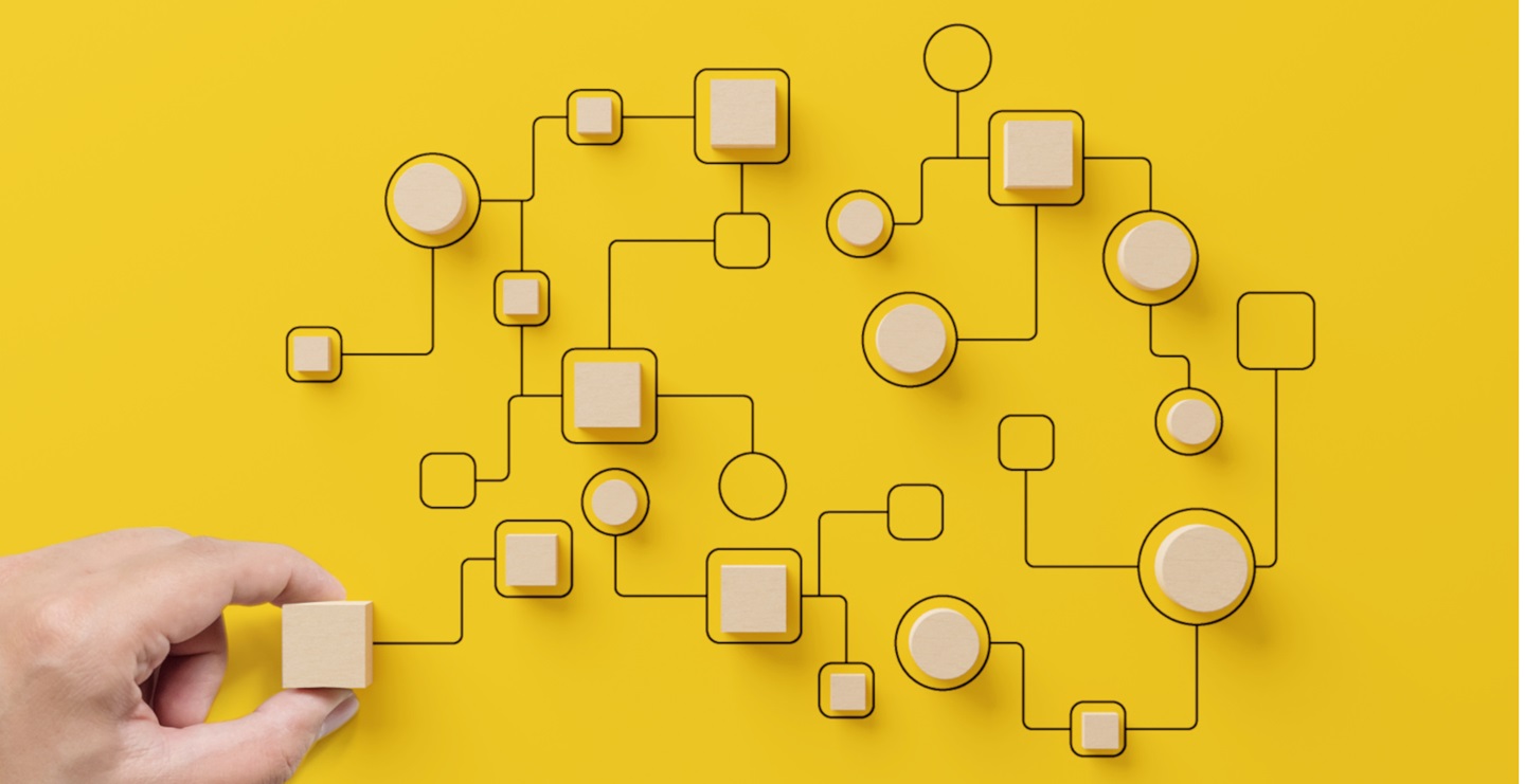 hand placing pieces in a workflow chart