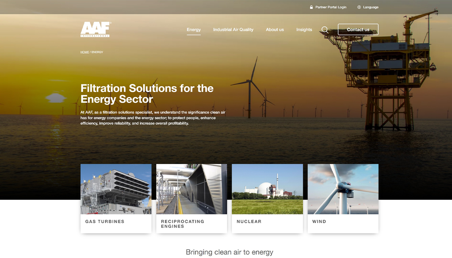 AAF Website Screenshot cropped to show a hero image of a marine windfarm