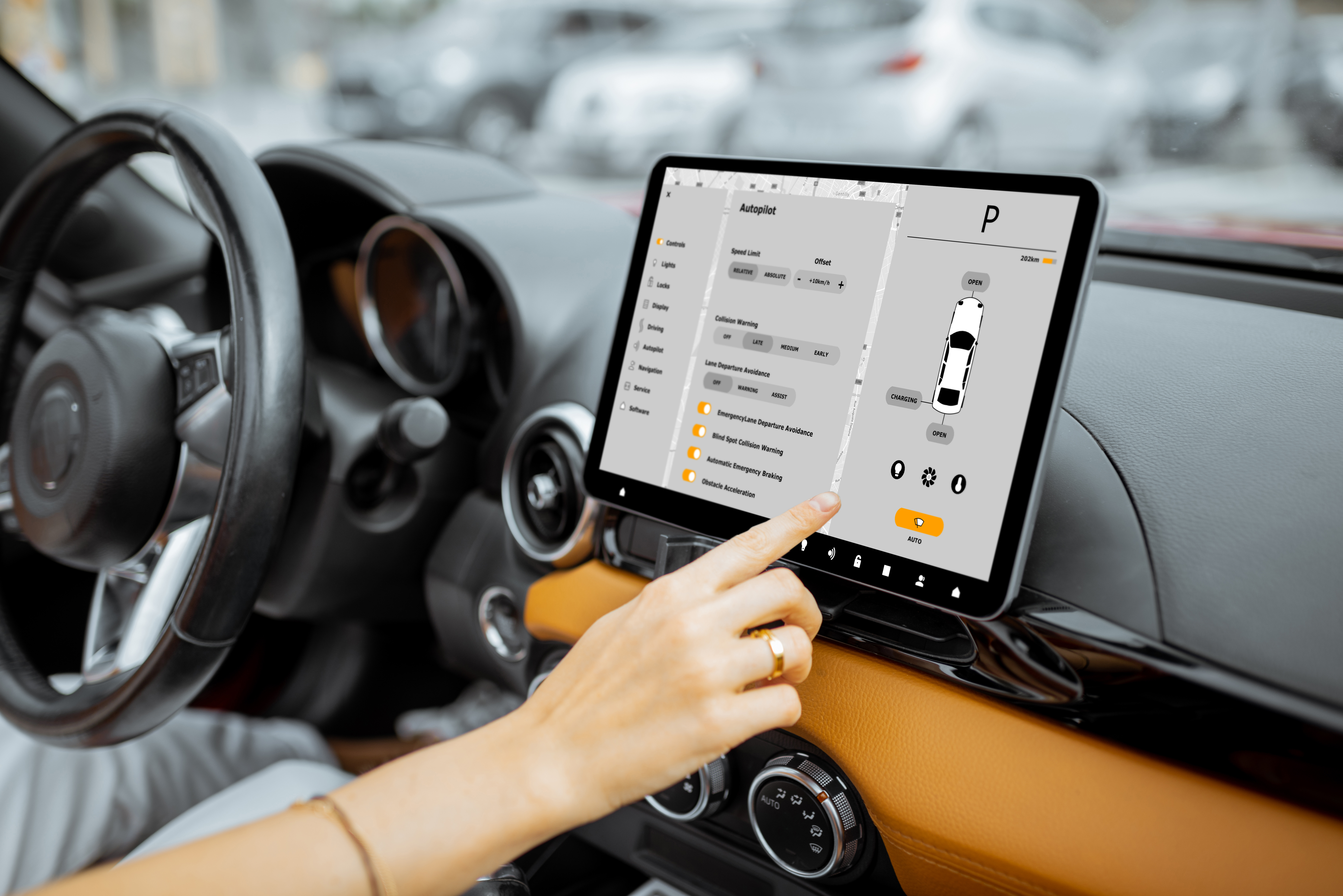 Woman using a digital dashboard in her car