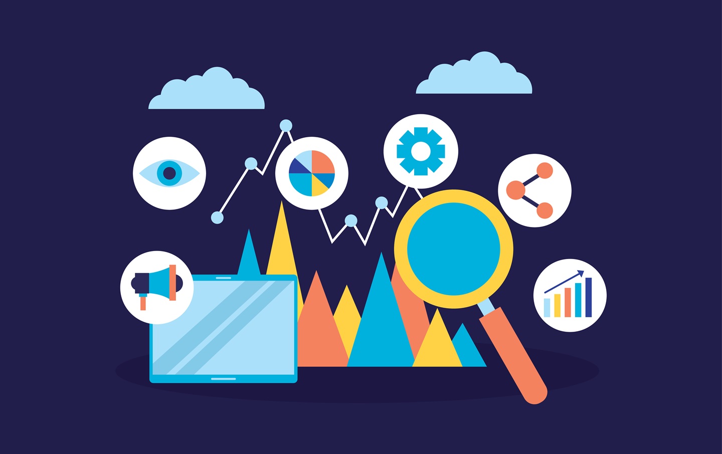 Illustration of digital marketing icons, including a computer screen, magnifying glass, graph, and gear.